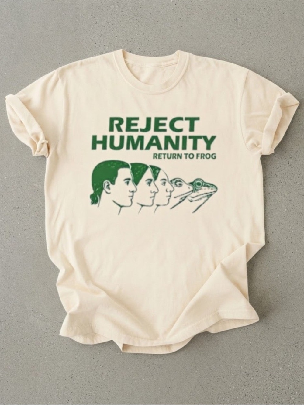 Gildan Cream Short Sleeve Tee with Green 'Reject Humanity' Frog Graphic